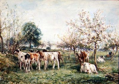 Calves in a Cherry Orchard by Mark Fisher